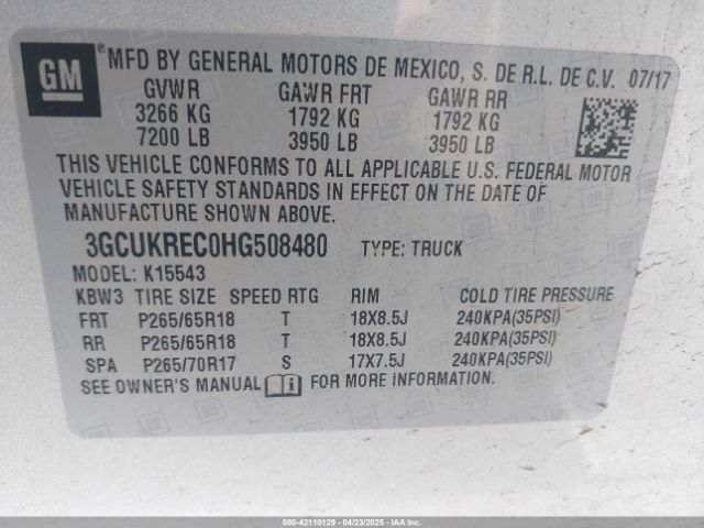 3GCUKREC0HG508480 Chevrolet Silverado 1500 2lt