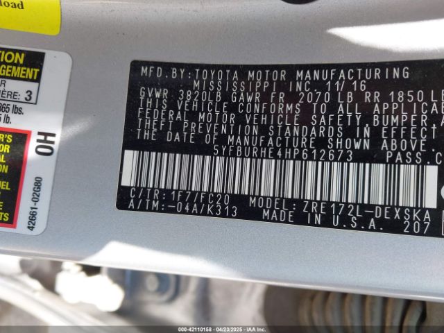 5YFBURHE4HP612673 Toyota COROLLA SE