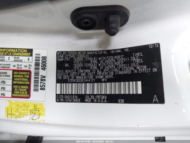 5TDYK3DC6ES444121 Toyota Sienna Xle V6 8 Passenger