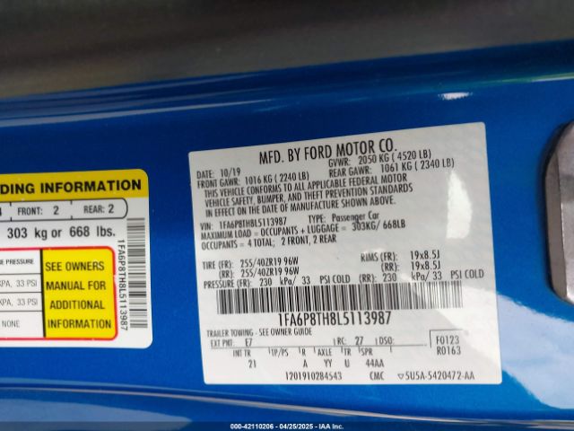 1FA6P8TH8L5113987 Ford Mustang Ecoboost Fastback
