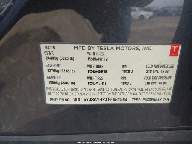 2015 TESLA MODEL S 5YJSA1H2XFF081584 Photo 8
