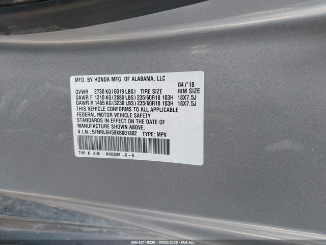 Продаж на аукціоні авто 2019 Honda Odyssey Ex, vin: 5FNRL6H50KB001882, номер лоту: 42110220
