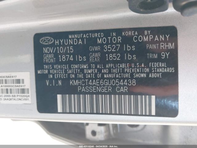 KMHCT4AE6GU054438 Hyundai ACCENT SE