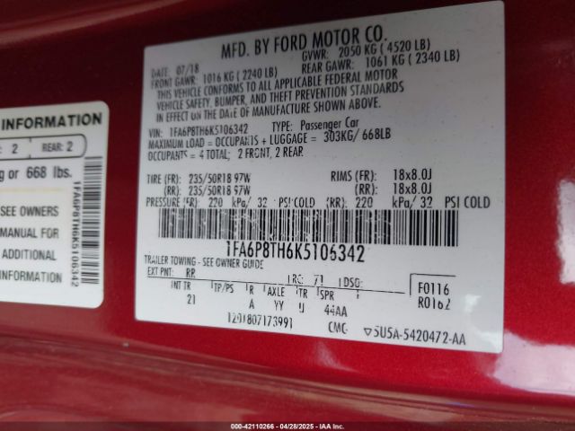2019 FORD MUSTANG 1FA6P8TH6K5106342 Photo 8