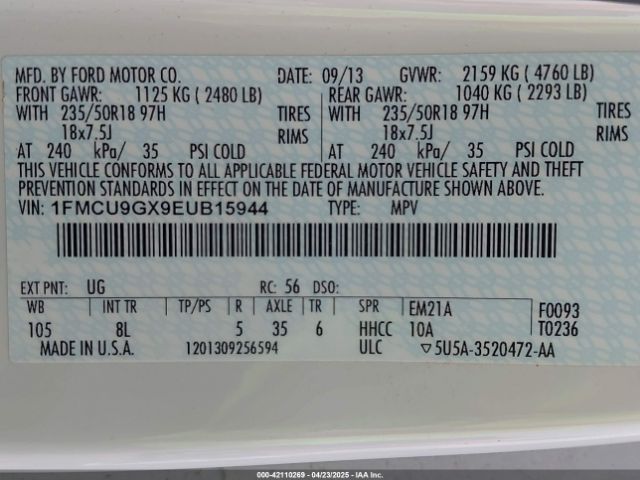1FMCU9GX9EUB15944 Ford ESCAPE SE