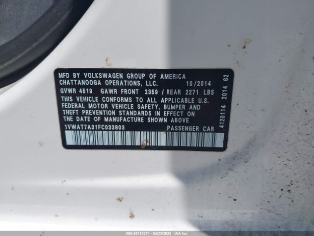 1VWAT7A31FC033803 Volkswagen Passat 1.8t Wolfsburg Edition