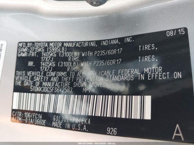 5TDKK3DC5FS642583 Toyota Sienna Le 8 Passenger
