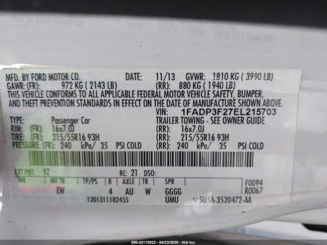 1FADP3F27EL215703 Ford FOCUS SE