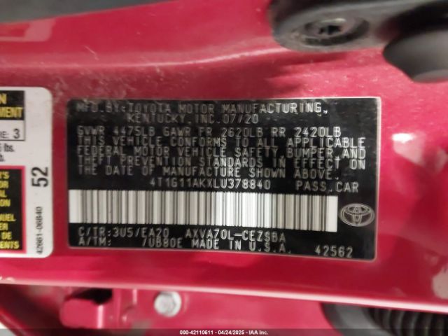 4T1G11AKXLU378840 Toyota CAMRY SE