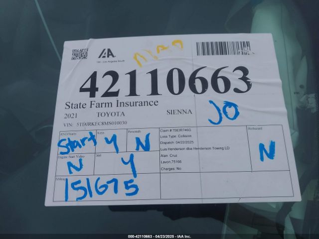 5TDJRKEC8MS010030 Toyota SIENNA XLE