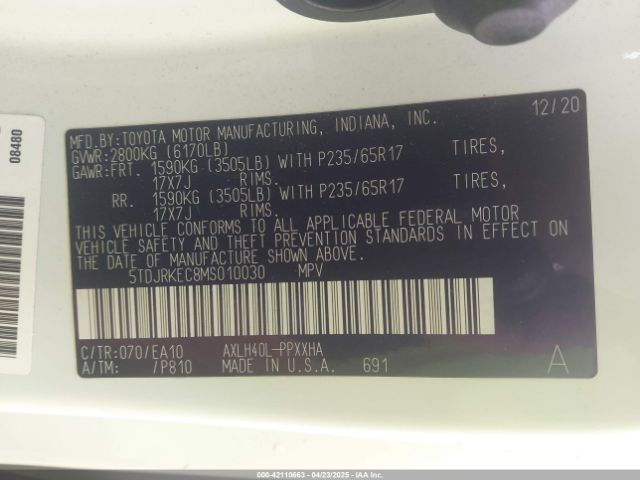 5TDJRKEC8MS010030 Toyota SIENNA XLE