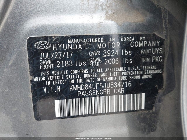 KMHD84LF5JU534716 Hyundai ELANTRA SEL