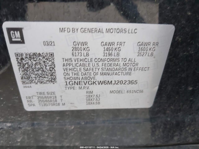 1GNEVGKW6MJ202365 Chevrolet Traverse Awd Lt Cloth