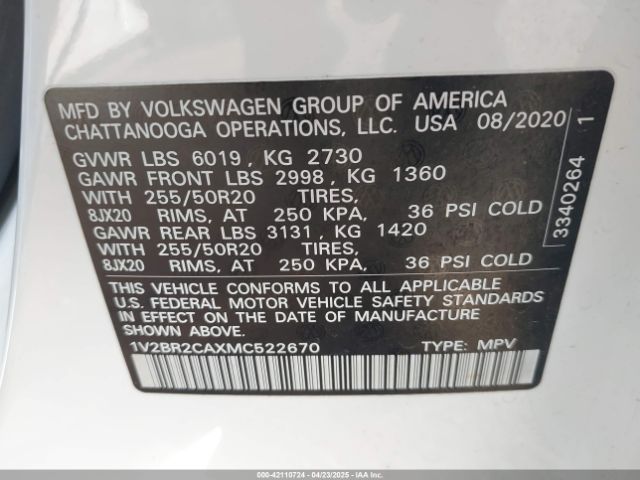 1V2BR2CAXMC522670 Volkswagen Atlas 3.6l V6 Sel