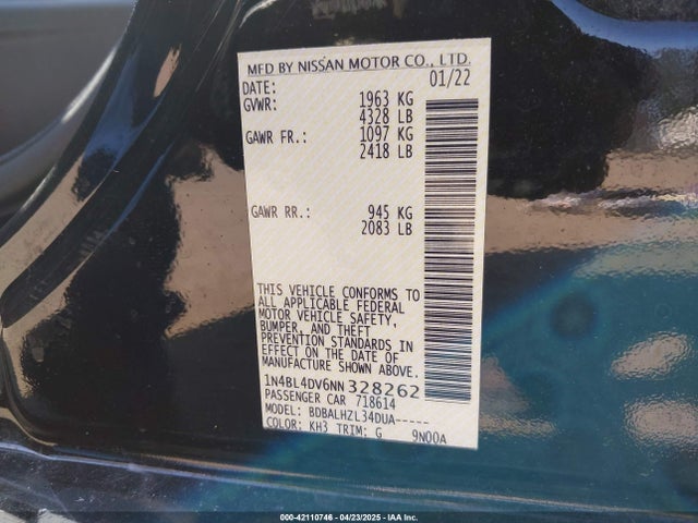 1N4BL4DV6NN328262 Nissan Altima Sv Fwd