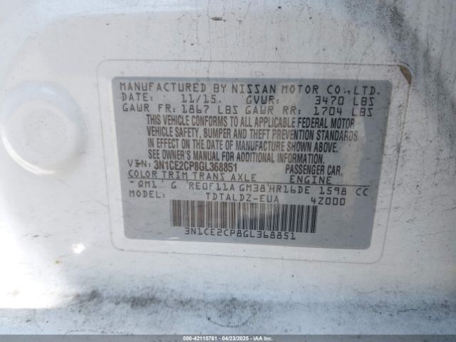 3N1CE2CP8GL368851 Nissan Versa Note S (sr)/s Plus/sl/sr/sv