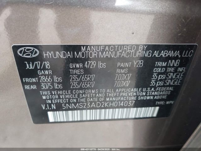 5NMS23AD2KH014037 Hyundai Santa Fe Se