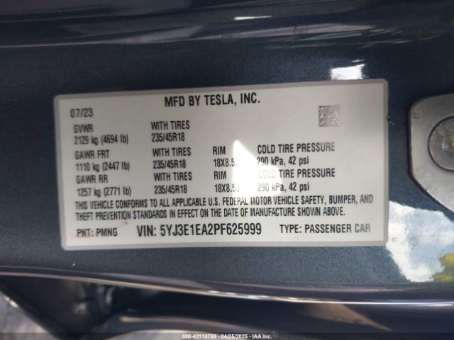 5YJ3E1EA2PF625999 Tesla Model 3 Rear-wheel Drive