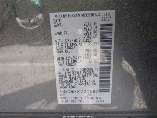 5N1AT2MVXJC720687 Nissan ROGUE SV