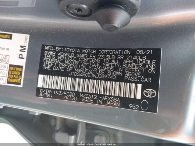 JTDS4MCE3NJ089740 Toyota COROLLA SE