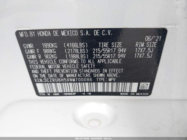 3CZRU6H5XNM700086 Honda Hr-v Awd Ex