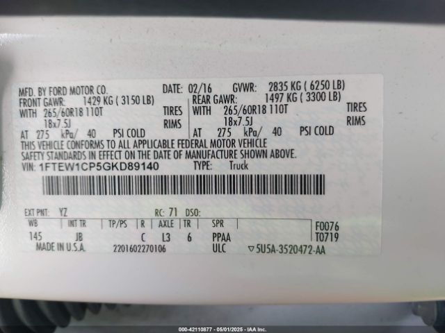 1FTEW1CP5GKD89140 Ford F-150 Xlt