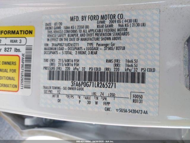 3FA6P0G71LR265271 Ford FUSION S