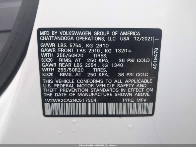 2022 VOLKSWAGEN ATLAS 1V2WR2CA2NC517904 Photo 8