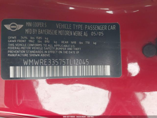 2005 MINI COOPER S WMWRE33575TL12045 Photo 8