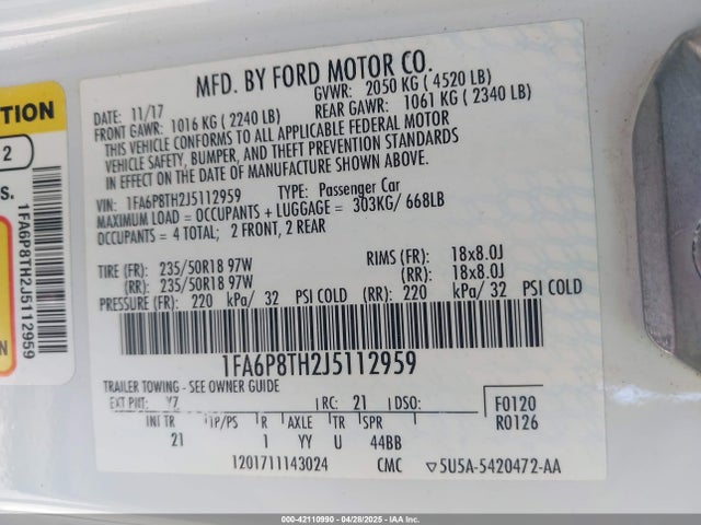 1FA6P8TH2J5112959 Ford Mustang Ecoboost