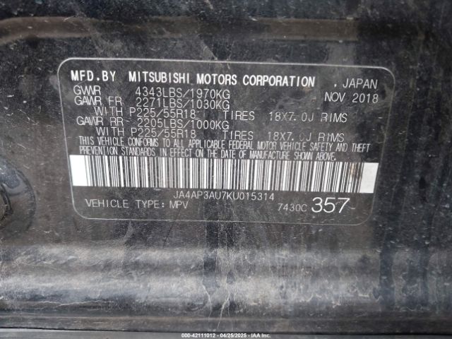 2019 MITSUBISHI OUTLANDER SPORT JA4AP3AU7KU015314 Photo 8