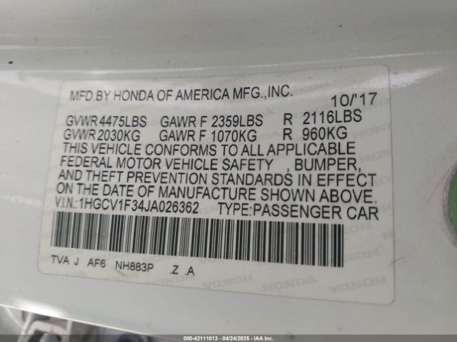 1HGCV1F34JA026362 Honda l15be