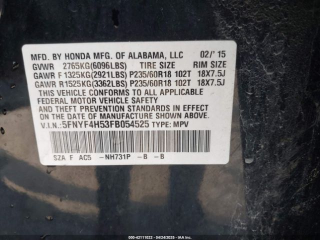 5FNYF4H53FB054525 Honda Pilot Ex-l