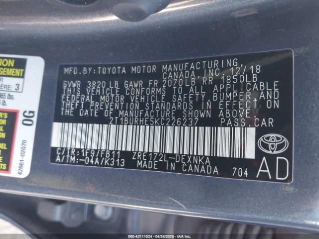 2T1BURHE5KC226237 Toyota COROLLA LE