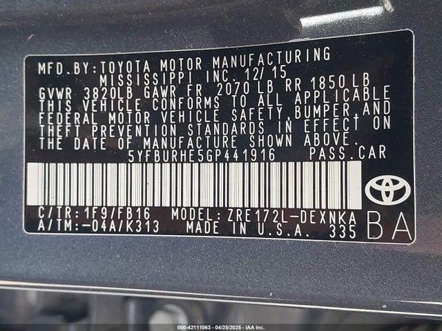 Toyota COROLLA LE 2016 5YFBURHE5GP441916 Image 9
