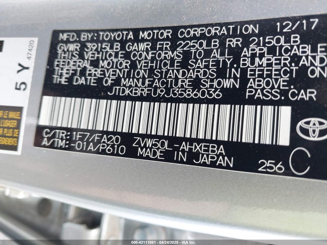 JTDKBRFU9J3586036 Toyota 2zr-fxe,1nm