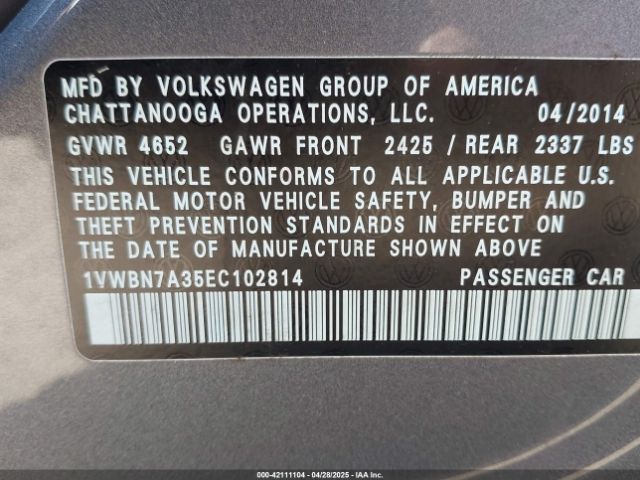 1VWBN7A35EC102814 Volkswagen Passat 2.0l Tdi Se