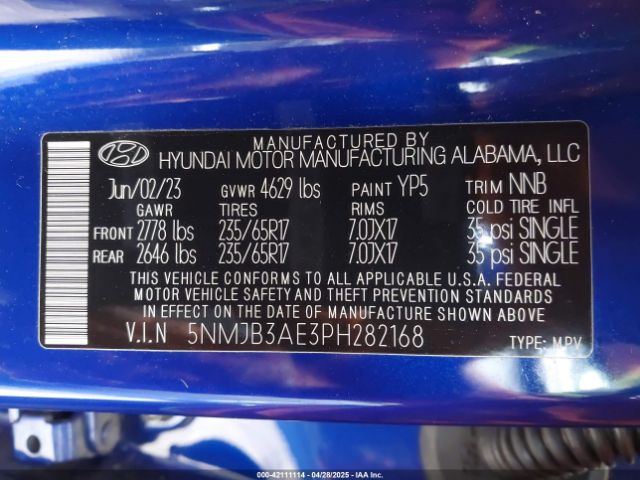 5NMJB3AE3PH282168 Hyundai TUCSON SEL