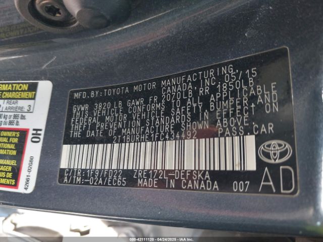 2T1BURHE1FC434492 Toyota Corolla S Plus
