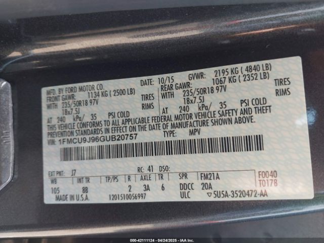 1FMCU9J96GUB20757 Ford Escape Titanium