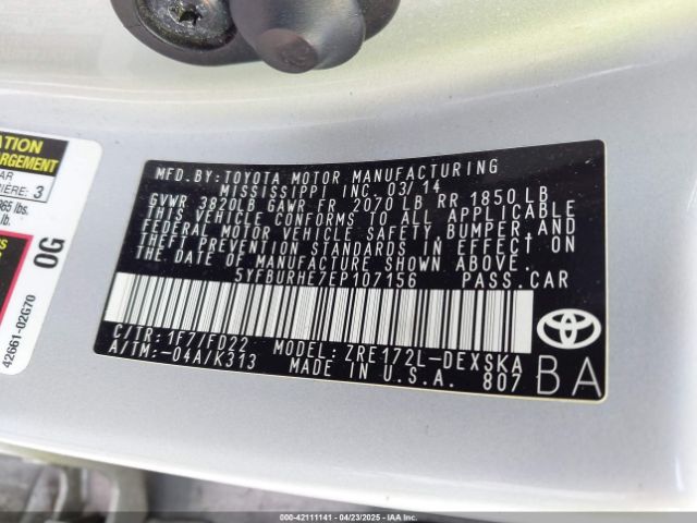5YFBURHE7EP107156 Toyota Corolla S