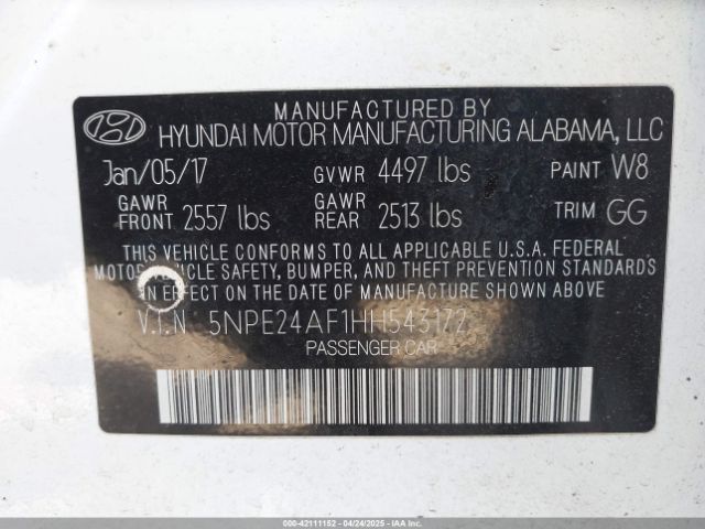 5NPE24AF1HH543172 Hyundai Sonata