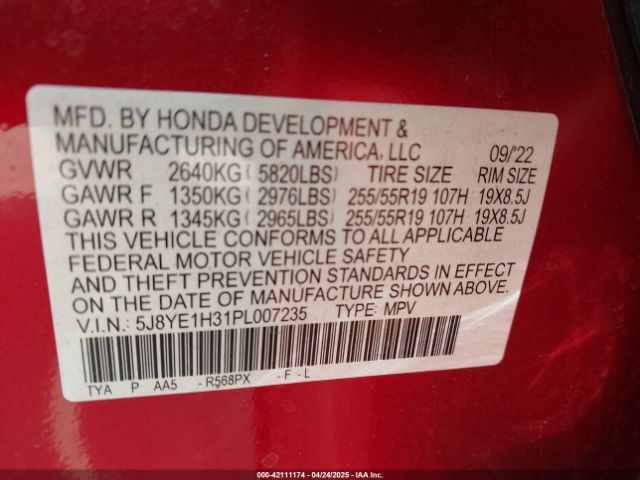 5J8YE1H31PL007235 Acura Mdx Standard