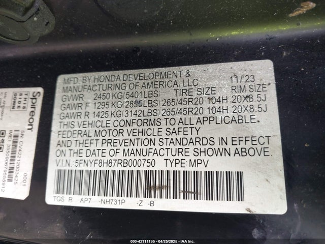 5FNYF8H87RB000750 Honda Passport Awd Black