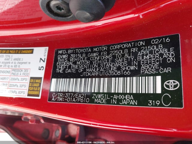 JTDKARFU1G3508166 Toyota Prius Three Touring