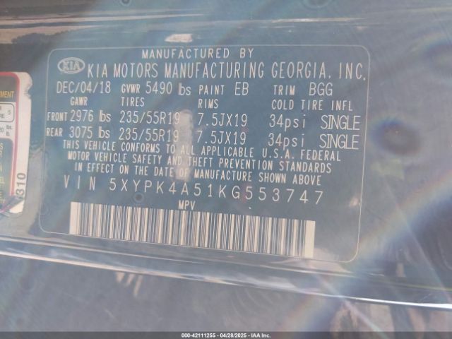 5XYPK4A51KG553747 KIA Sorento 3.3l Sx