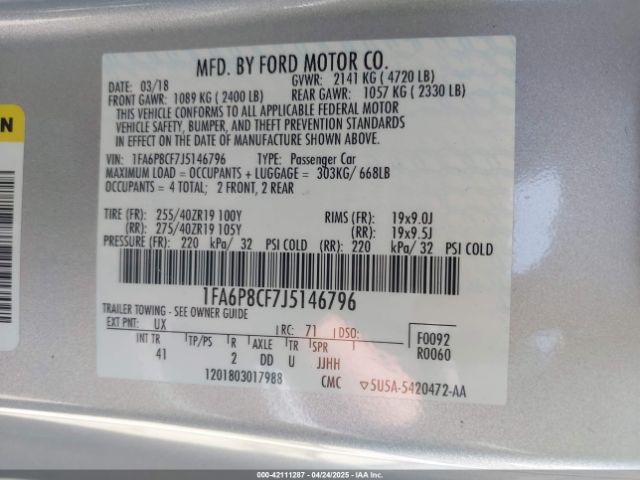 1FA6P8CF7J5146796 Ford Mustang Gt Premium
