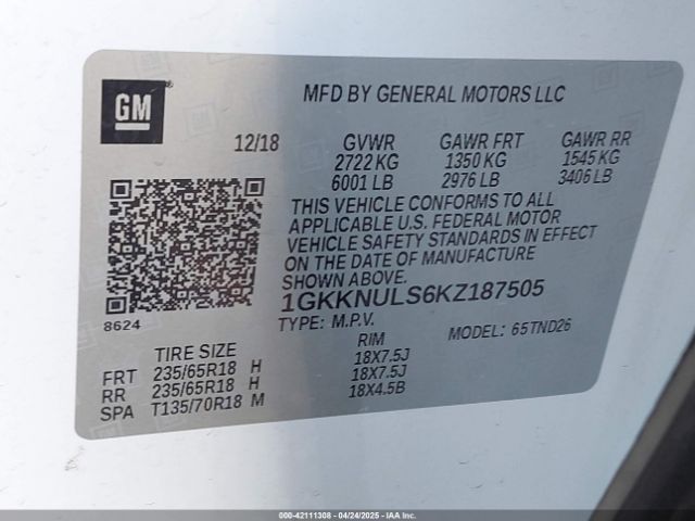 1GKKNULS6KZ187505 GMC Acadia Slt-1