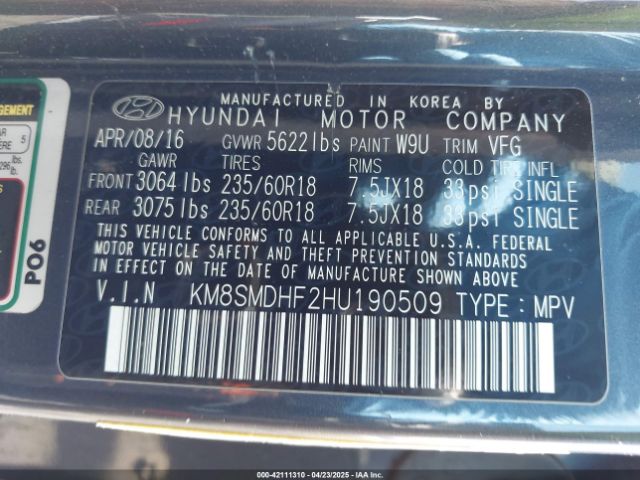 KM8SMDHF2HU190509 Hyundai Santa Fe Se
