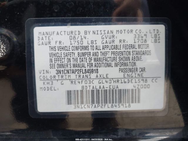 3N1CN7AP2FL845918 Nissan Versa 1.6 S